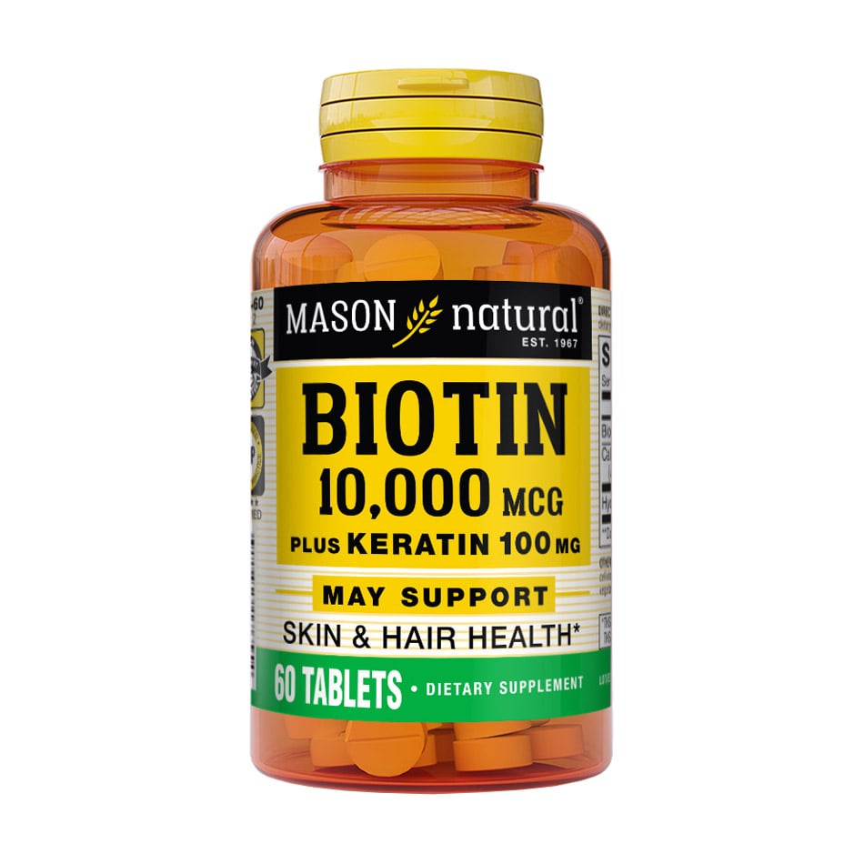 Біотин Mason Natural, Biotin Plus Keratin 10000 мкг з кератином 100 мг, 60 таблеток